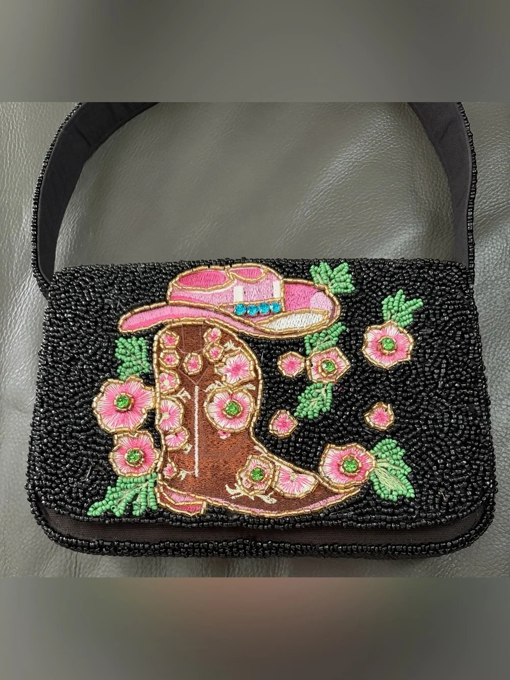 Western Beaded Black Shoulder Bag with Pink Floral Cowboy Boot Motif